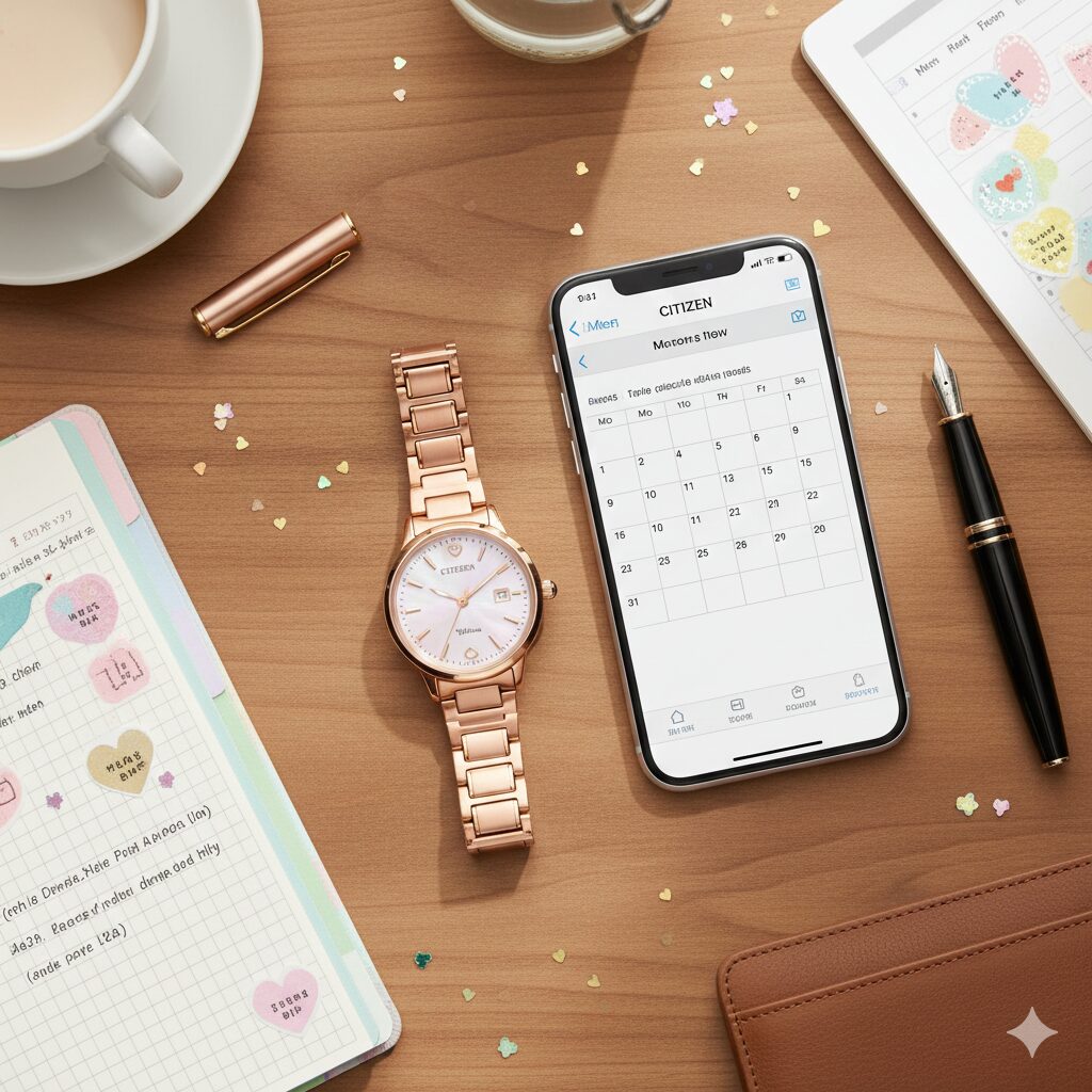 ピンクゴールドのメタルバンドとハートモチーフが特徴のウィッカの時計が、スケジュール帳やスマートフォンと並んでいる様子。可愛さと日常の実用性の両立を表現。