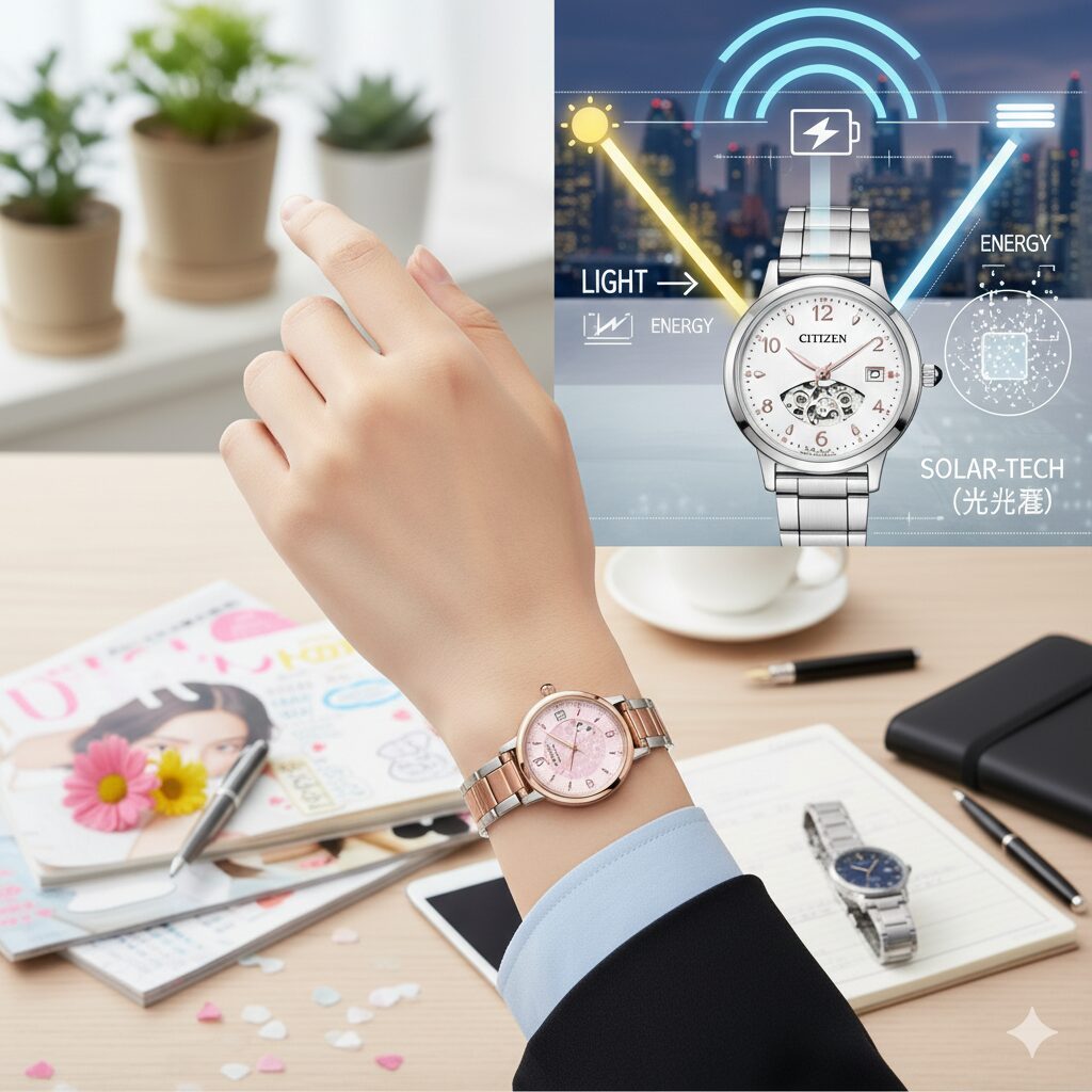 シチズンウィッカの文字盤が、太陽光や蛍光灯の光を吸収して電気エネルギーに変換している様子。ソーラーテック（光発電）機能の説明図。