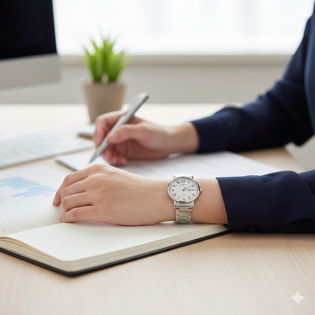 アラビア数字とシンプルなシルバーメタルバンドのウィッカの時計を着用した、オフィス向けの日本人女性の腕元。仕事用としての視認性と清潔感を表現。