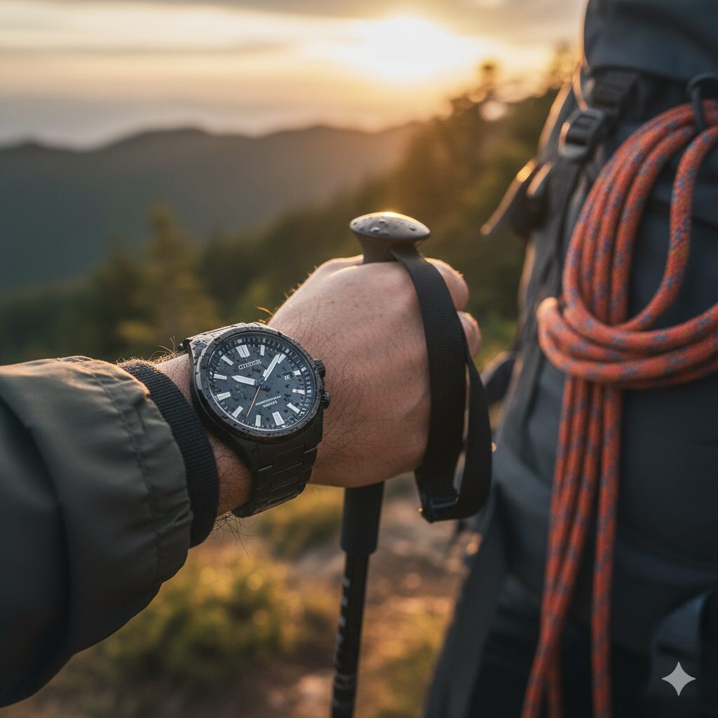 登山中にプロマスターランドAT6085-50Eを装着した日本人の手。アウトドアでの耐久性を示すイメージ。