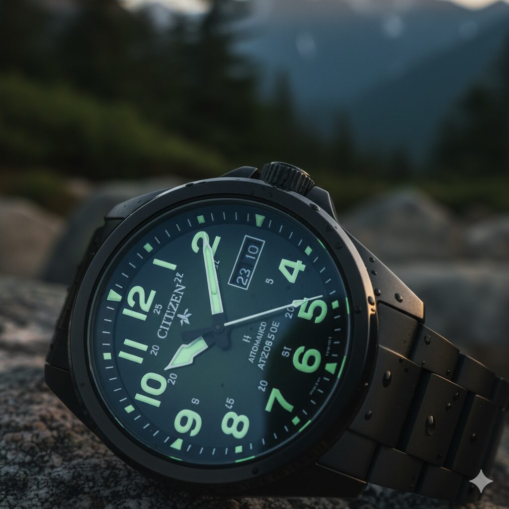 プロマスターランドAT6085-50Eの文字盤クローズアップ。視認性の高いアラビア数字インデックスと太い針。