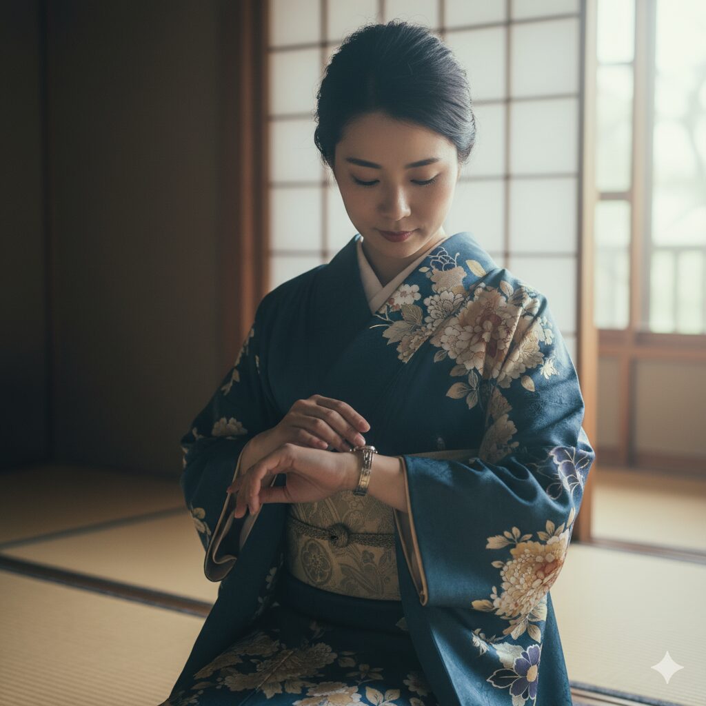 和室で着物を着用し、手首の内側に付けた腕時計を静かに確認する日本人女性。