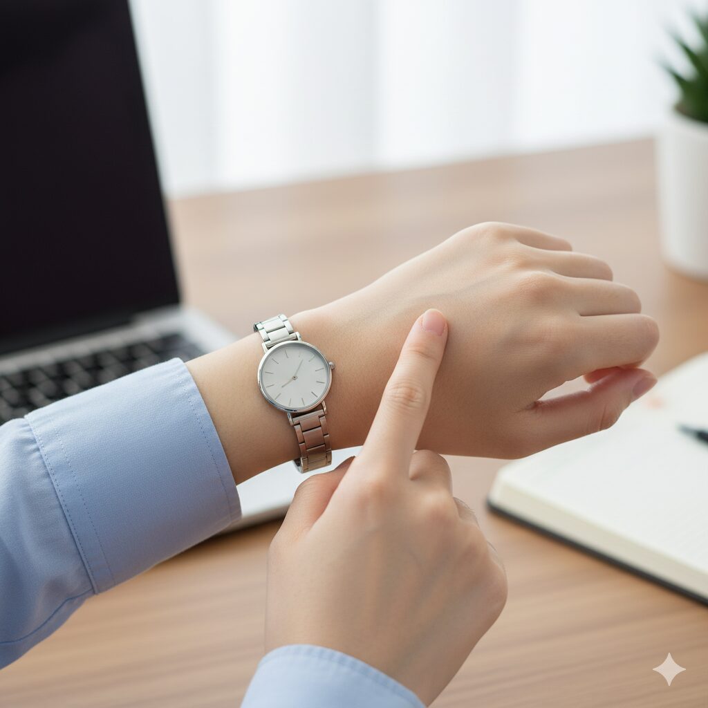 オフィスデスクで、手首の骨の出っ張り（くるぶし）を指さしながら、腕時計の理想的な装着位置を説明している日本人女性。