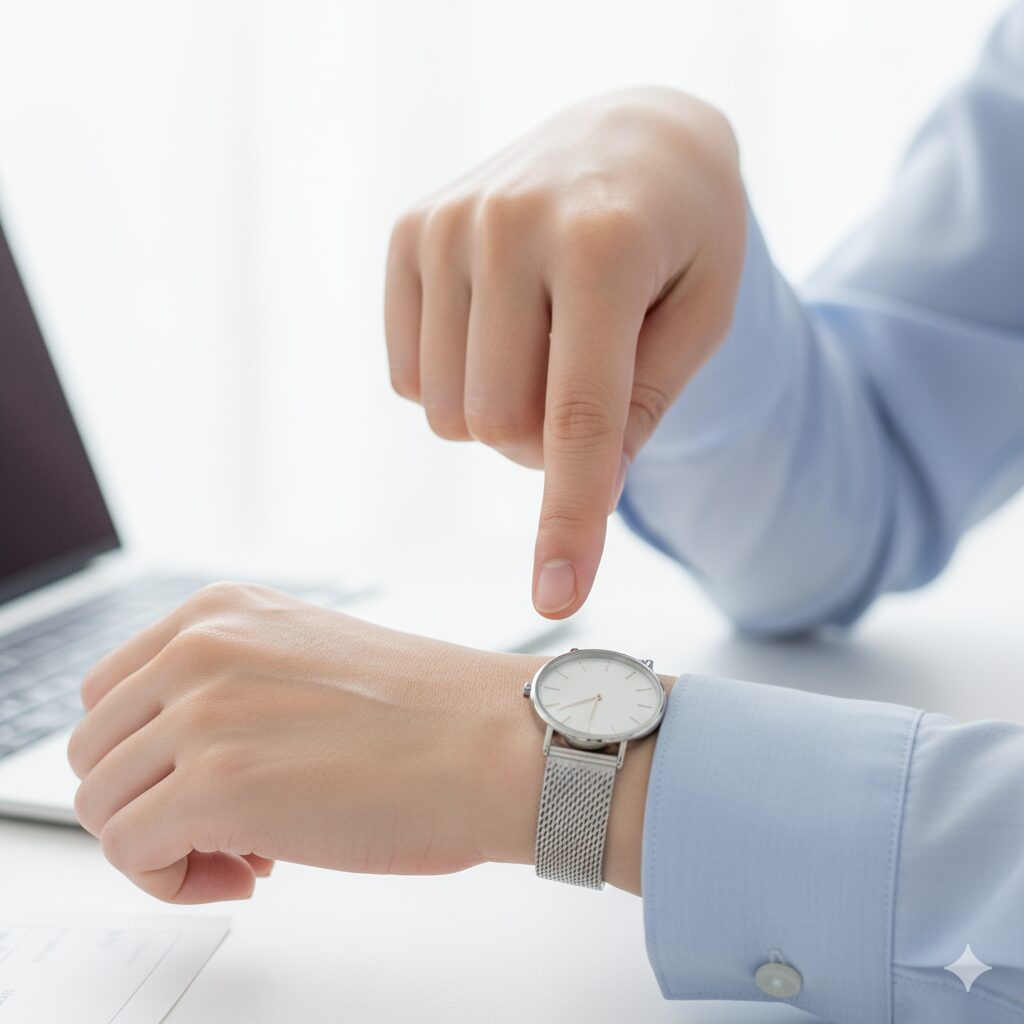 オフィスで、メッシュベルトの腕時計を着用した手首に、人差し指1本分の隙間があることを示している日本人女性。