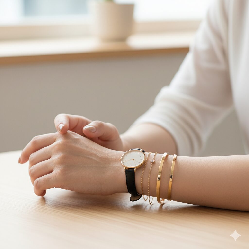 - オフィスデスクで、黒い革ベルトの腕時計と複数のゴールドのブレスレットを重ね付けし、手元のおしゃれを楽しんでいる日本人女性。
