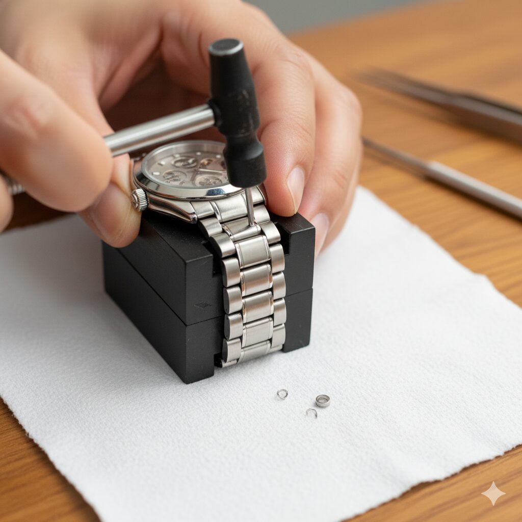 - 時計調整用の台にセットされたメタルバンドの腕時計のピンを、ハンマーとピン抜き棒を使って調整している様子。