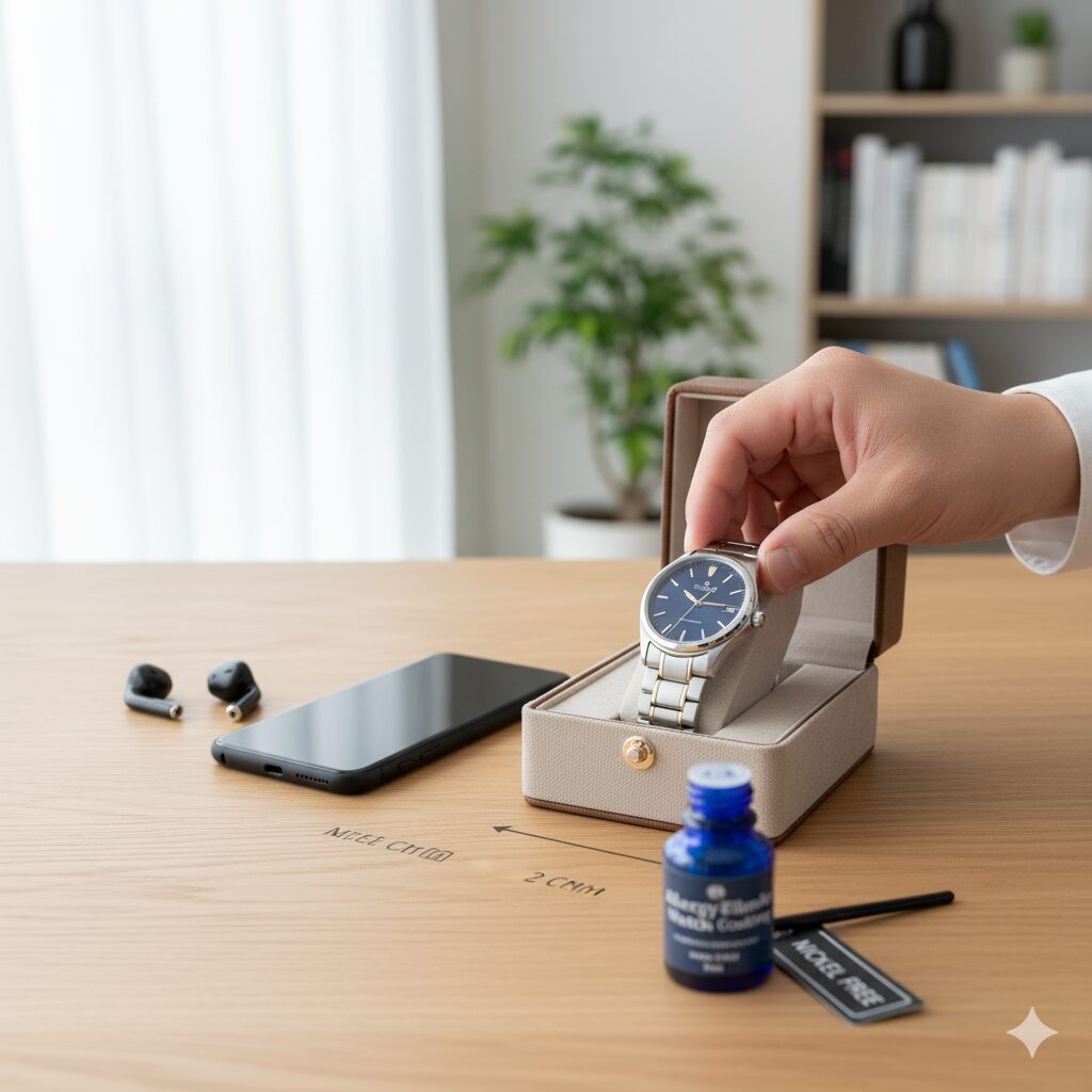 オフィスデスクで、金属アレルギー対策用のコーティング剤とニッケルフリーのタグ、腕時計が置かれている様子。近くにはスマートフォンとワイヤレスイヤホンが磁気帯びの注意を促すように配置されている。