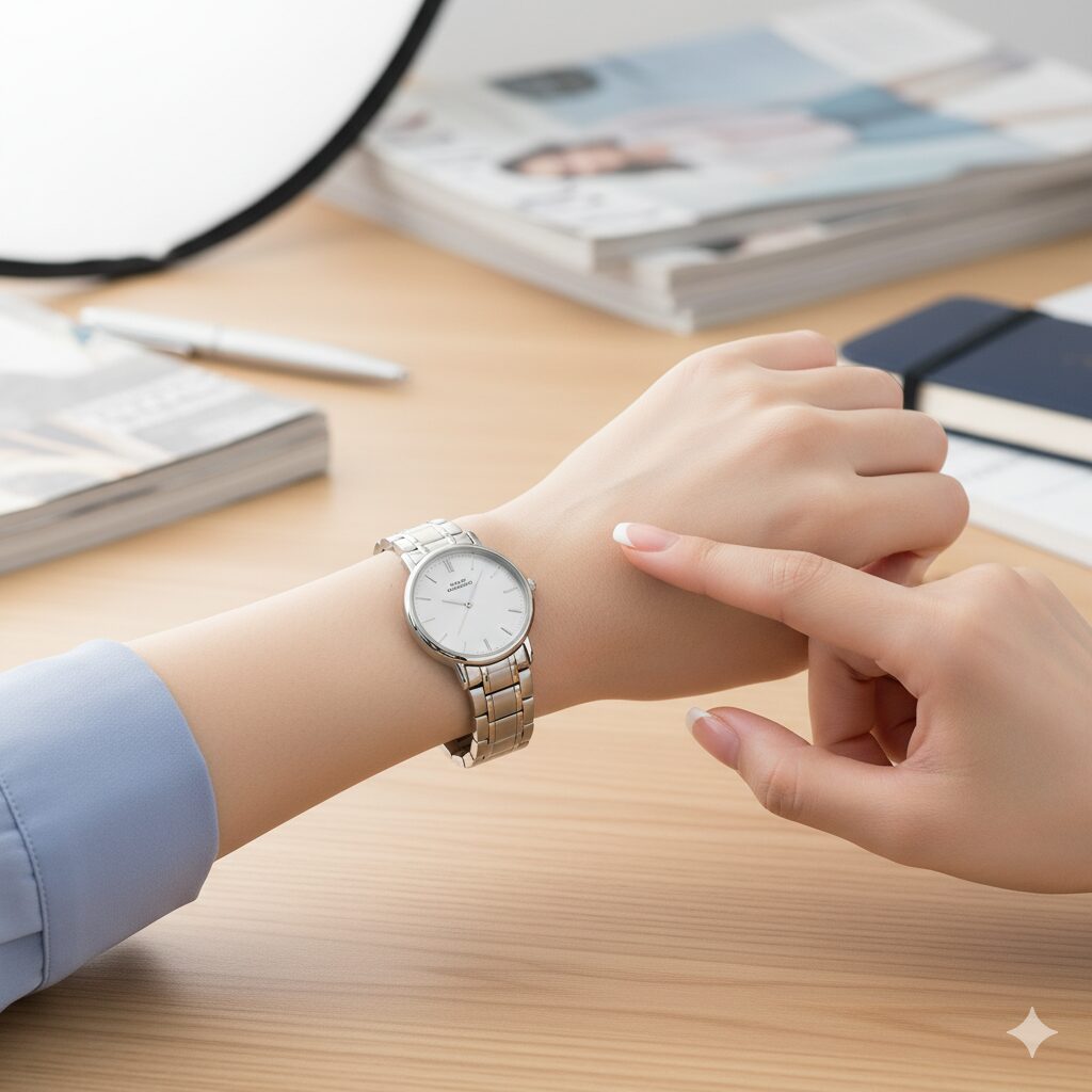 フィスで、左腕にシンプルな銀色のレディース腕時計を着用し、指で文字盤を軽く指し示している女性。