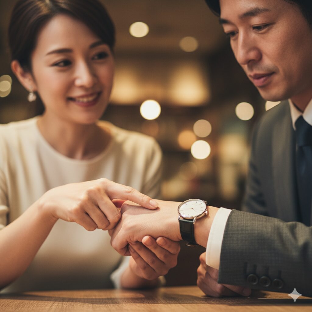 レストランで女性が男性の腕時計を指差している様子。