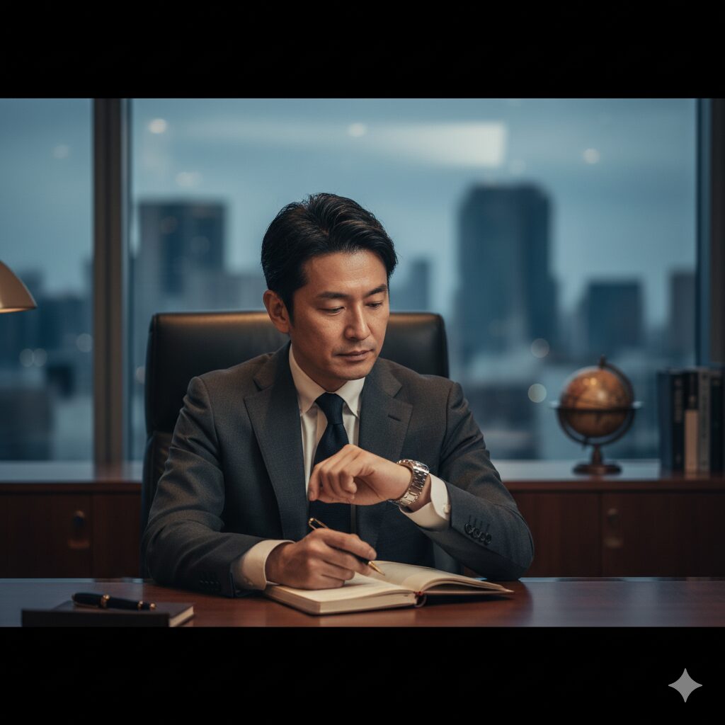 オフィスで腕時計を確認しながら手帳に書き込みをする40代の日本人男性ビジネスマン。