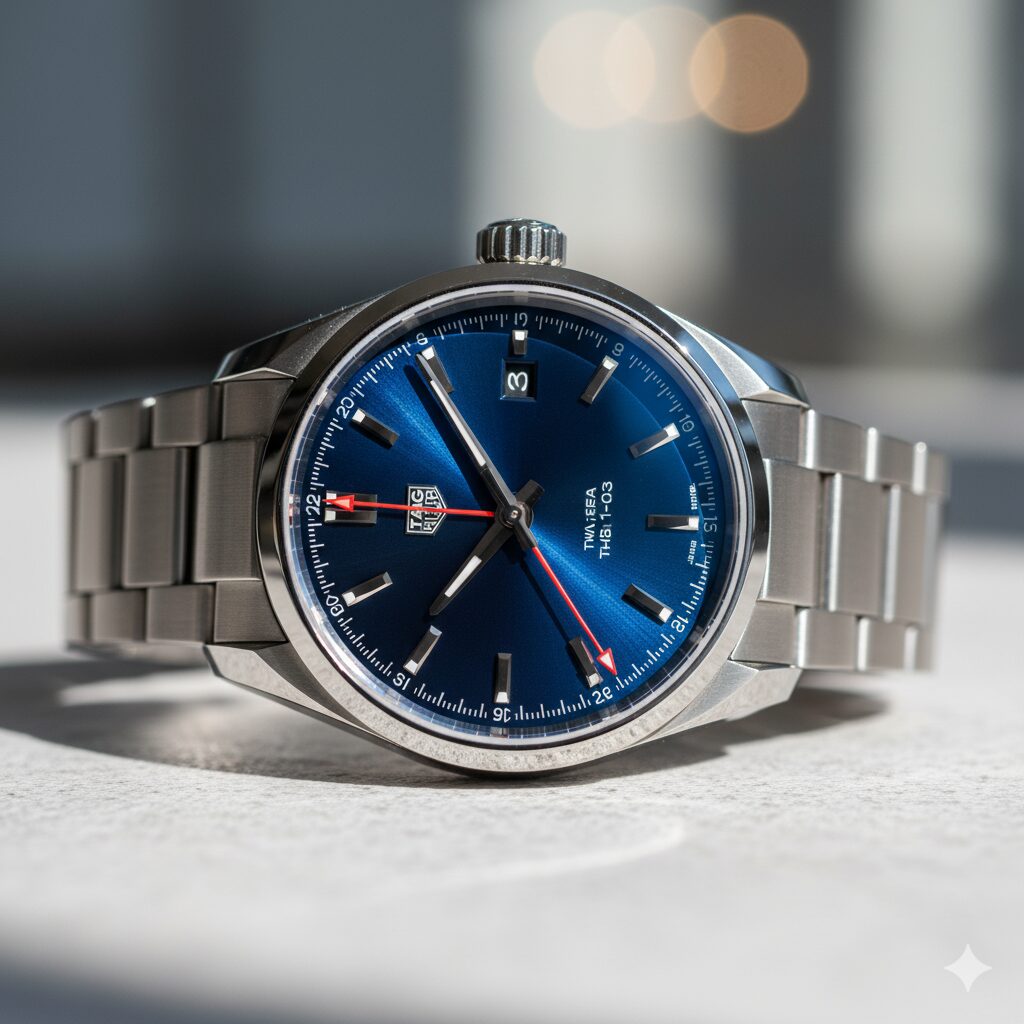 光を受けて輝くタグホイヤー カレラ ツインタイムの文字盤。深いブルーのサンレイ仕上げが特徴的