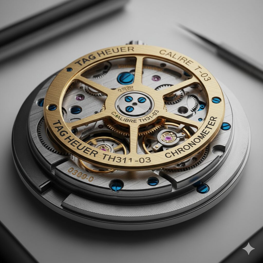 精巧に作られたタグホイヤーの新型ムーブメント「Calibre TH31-03」のクローズアップ。金色に輝くローターと内部の歯車が精密さを物語る。