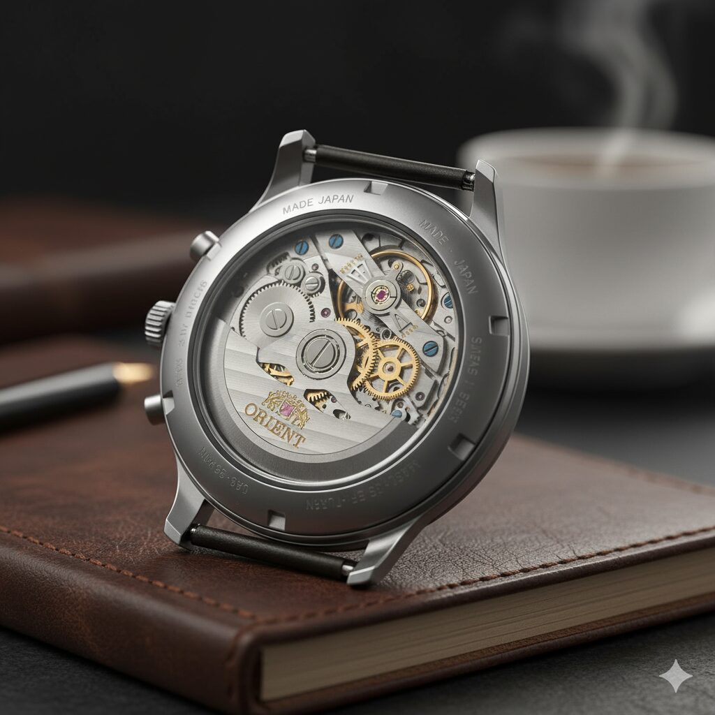 オリエントの機械式時計のシースルーバックから見える精緻なムーブメント。