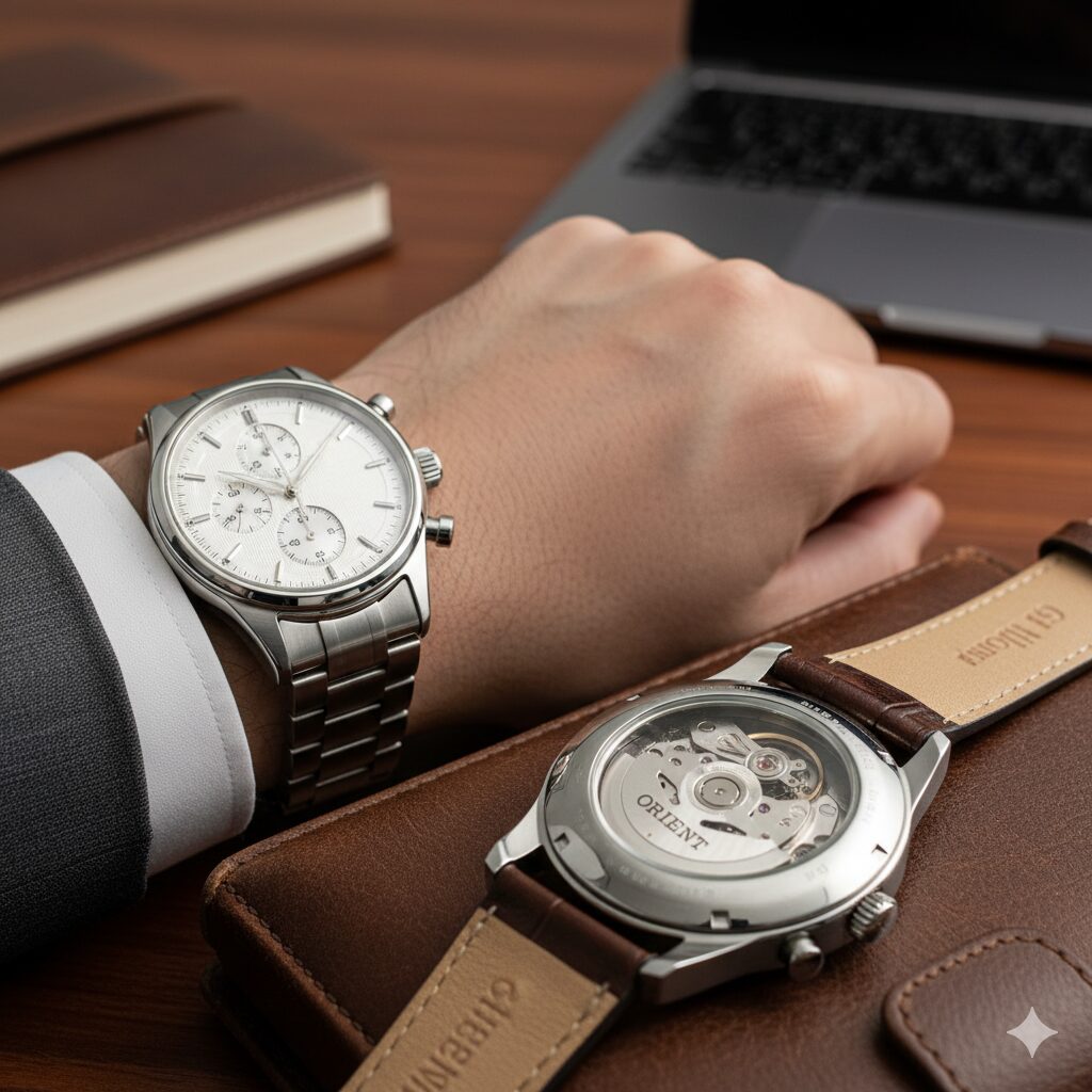 スーツの袖口から見えるセイコーの高級感あるクロノグラフ腕時計。