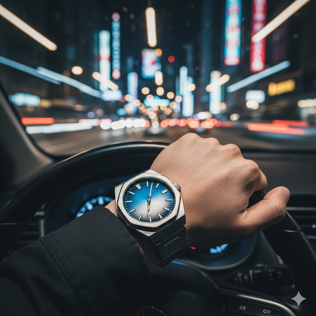 夜のドライブシーンで、車のステアリングを握る手に装着された美しいグラデーション文字盤の腕時計。