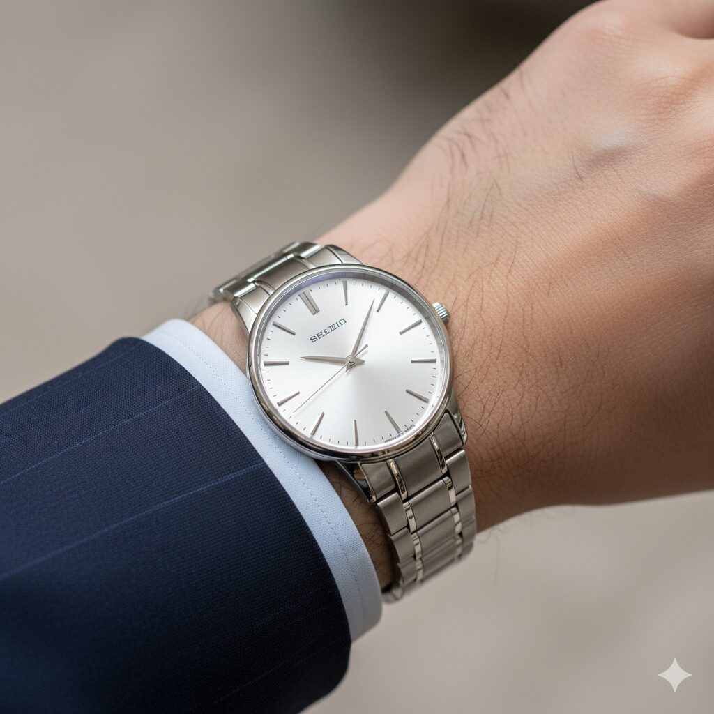 スーツの袖口にスマートに収まる薄型でシンプルなアナログ腕時計。50代の品格とフォーマルな印象を強調。