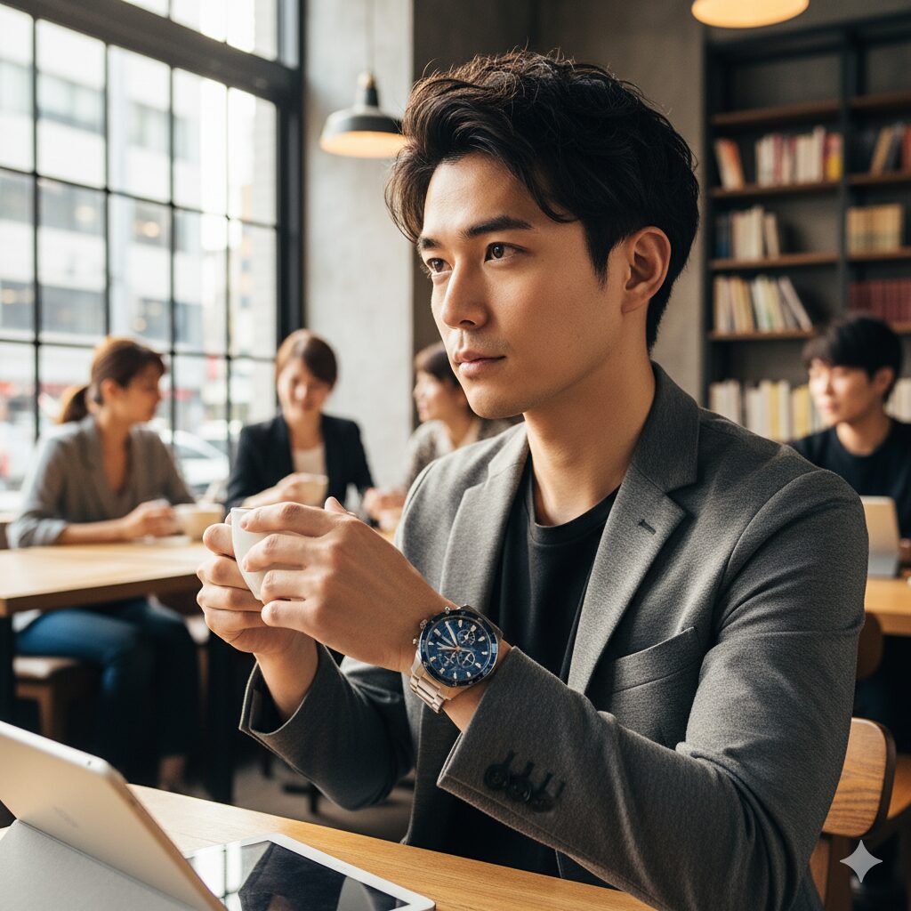 スポーティなクロノグラフの腕時計をつけた若い日本人男性が、カフェでリラックスしているシーン。
