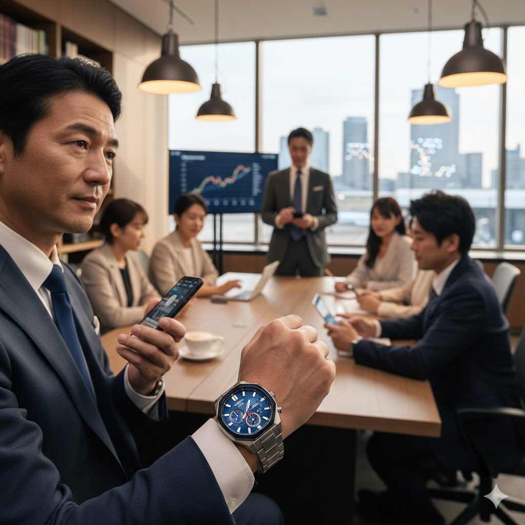 50代の日本人男性がスーツ姿で腕時計を見つめ、自身のスタイルについて思案している様子。