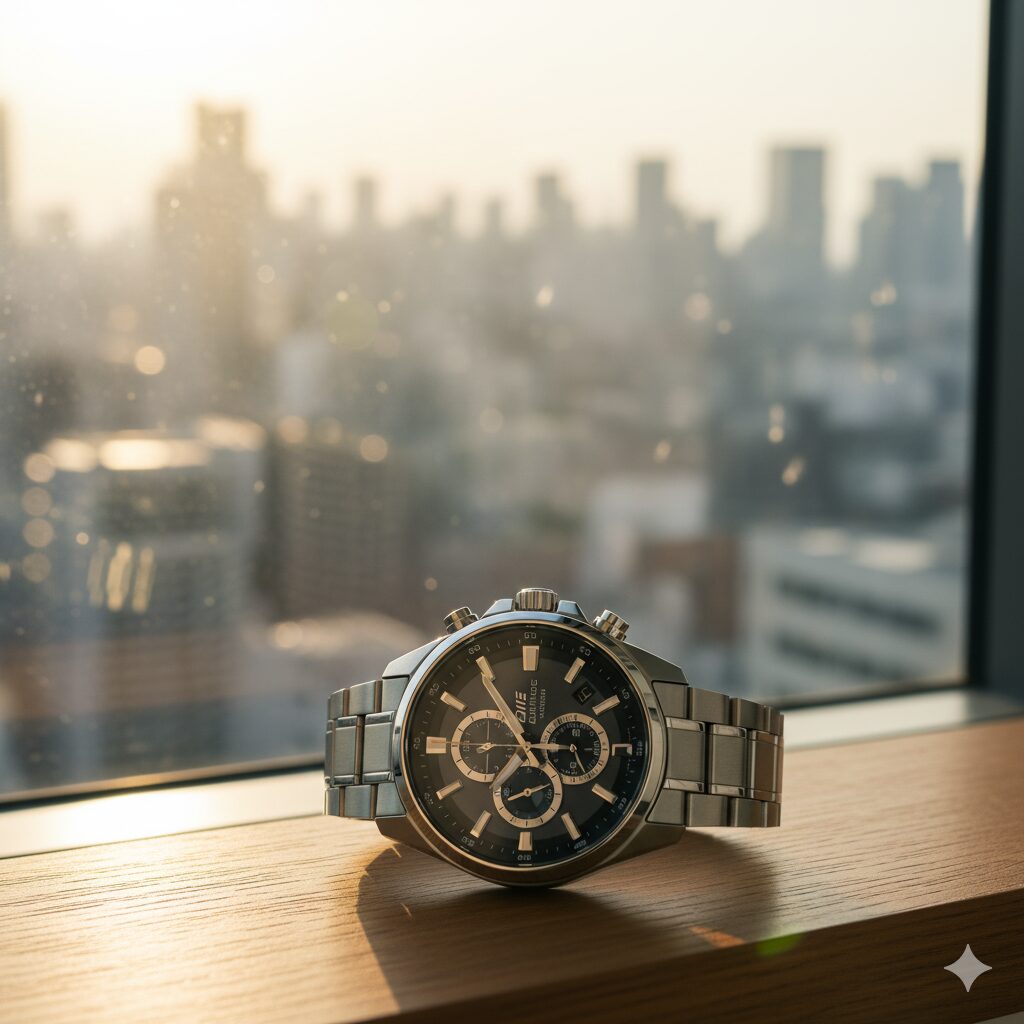 カシオエディフィスのソーラー時計が、充電のために明るい窓際で日光を浴びている様子。