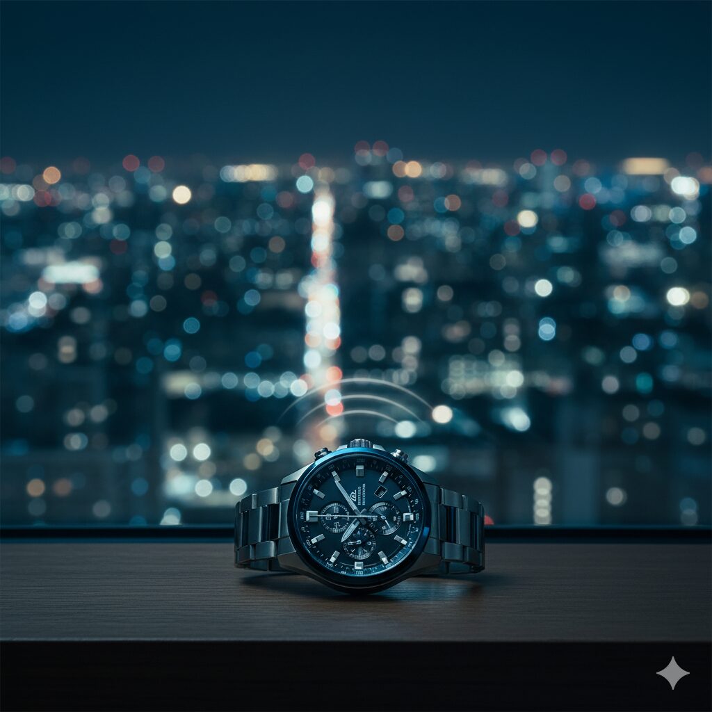 電波受信のため、夜間に都市部の窓際に置かれたカシオエディフィス電波ソーラー時計。