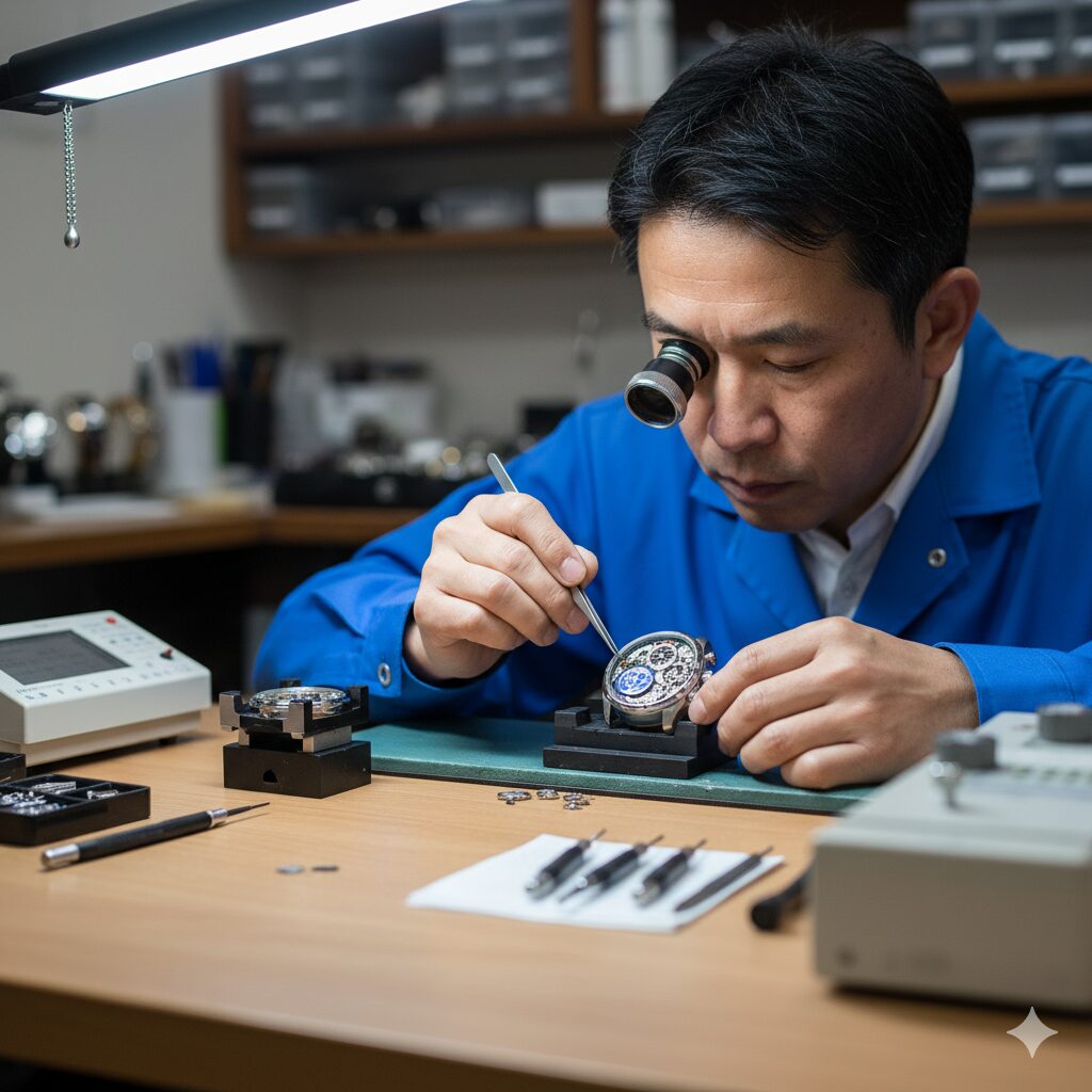 日本人の時計修理技能士が、作業台でルーペを使いながらクロノグラフ腕時計の内部を点検している専門的な様子。