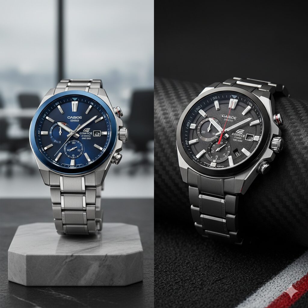 スポーティなエディフィスとエレガントなオシアナスのデザインの違いを並べて比較したイメージ。