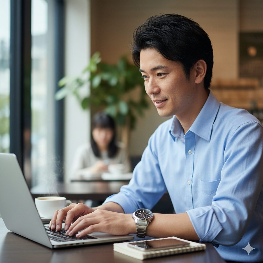 カフェでノートパソコン作業をするビジネスカジュアル姿の日本人男性の手首に見えるカシオエディフィス。