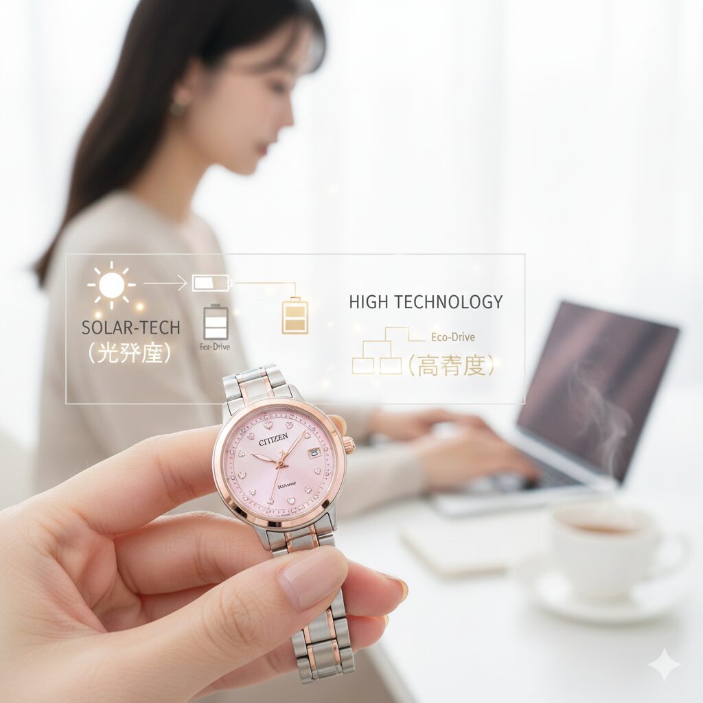 日本人女性が手に持ったシチズンウィッカの可愛らしい時計。背景にはオフィスで働く女性が写り、ブランドの可愛らしさとシチズンならではの技術力を象徴するイメージ。