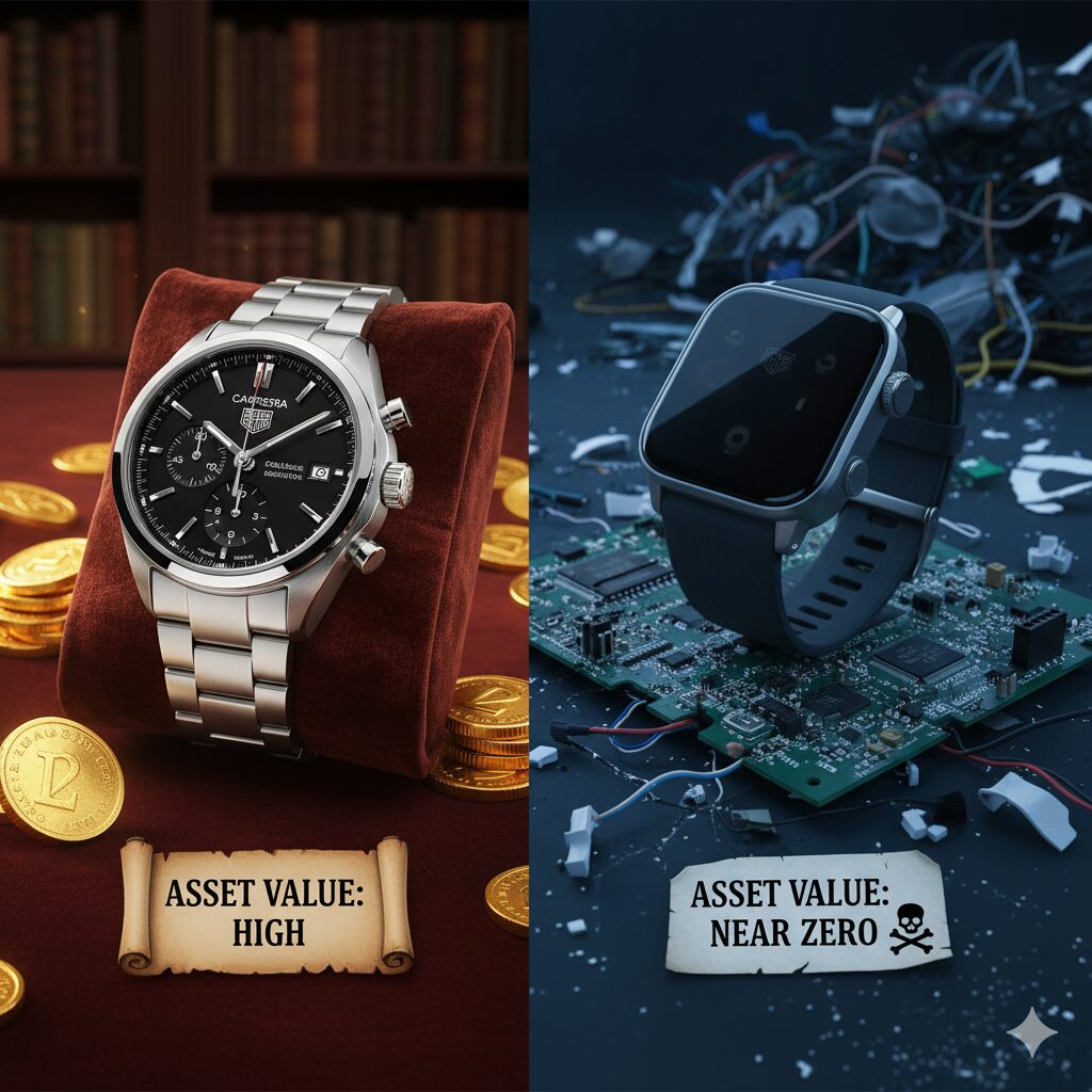 左側にはアンティークな書斎でクッションに置かれたタグ・ホイヤーの機械式時計があり、「Asset Value: HIGH」と書かれた札と金貨が散らばっている。右側には薄暗い背景で電子基板の上に置かれたスマートウォッチがあり、「Asset Value: NEAR ZERO」と書かれた札と電子部品の山が見える。