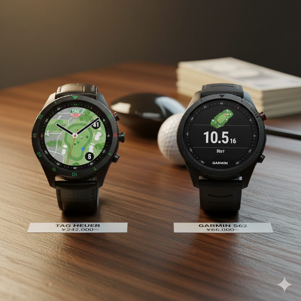 木製のテーブルの上に、タグ・ホイヤー コネクテッド E4 ゴルフとGarmin Approach S62が並べて置かれている。それぞれの時計の前には価格帯を示す札があり、背景にはゴルフボールとドライバーがぼんやりと見える。