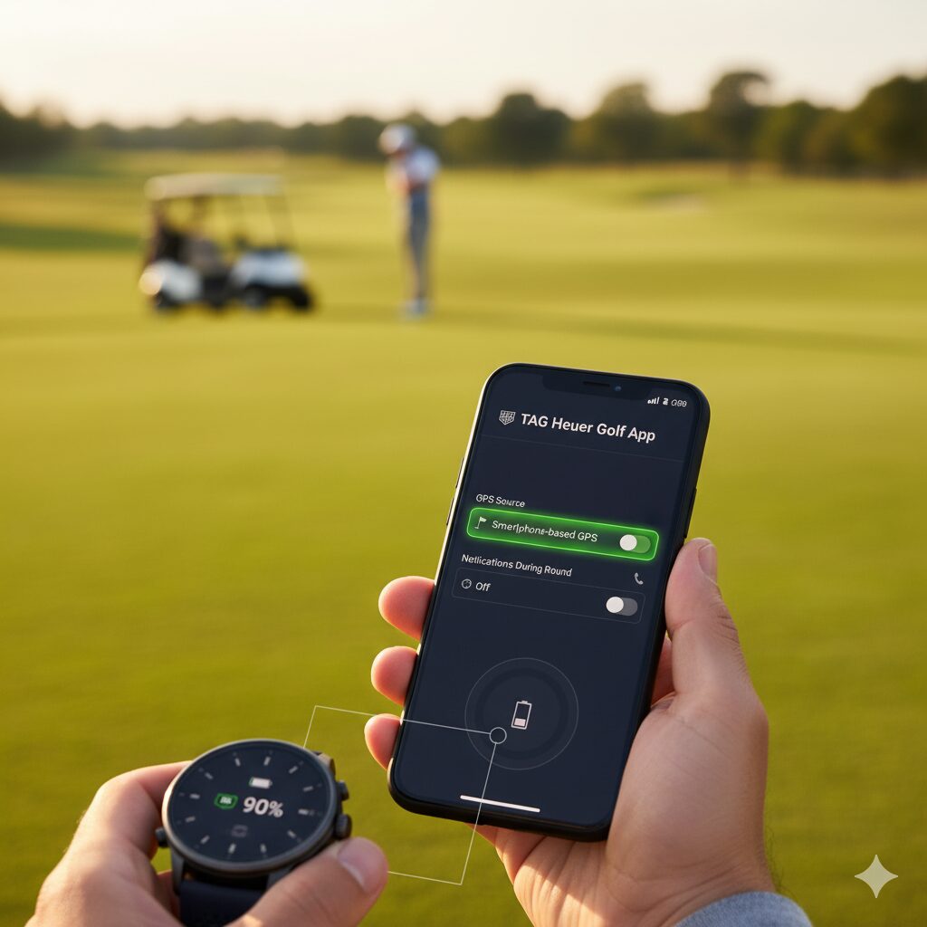 ゴルフコースを背景に、スマートフォンでTAG Heuer Golfアプリの「Smartphone-based GPS」設定を有効にし、通知をオフにしている手元をクローズアップ。隣にはバッテリー残量90%を示すタグ・ホイヤーのスマートウォッチが見える。