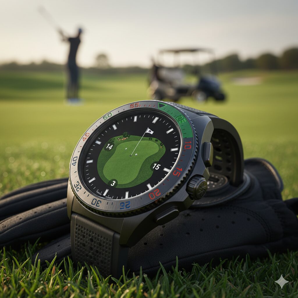 ゴルフコースのグリーンに置かれたゴルフグローブの上に、タグ・ホイヤーのゴルフエディションスマートウォッチが置かれている。画面にはゴルフコースのマップが表示され、背景にはゴルファーとゴルフカートが見える。