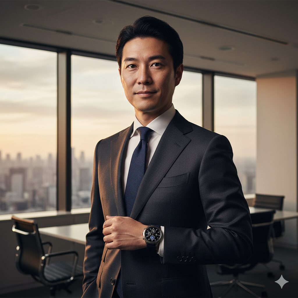 オフィスビルの窓際で、スーツを着て腕にタグ・ホイヤーのスマートウォッチを着用した日本人男性が自信に満ちた表情で立っている。