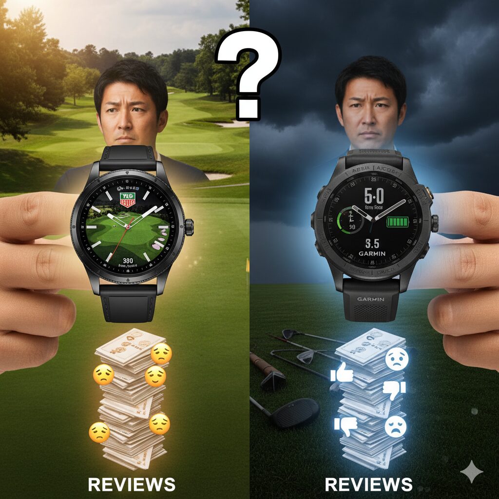 ゴルフコースを背景に、タグ・ホイヤーとガーミンのスマートウォッチをそれぞれ指で挟んで比較している日本人男性。タグ・ホイヤーの下には高評価の絵文字が、ガーミンの下には低評価の絵文字が積み重なっている。