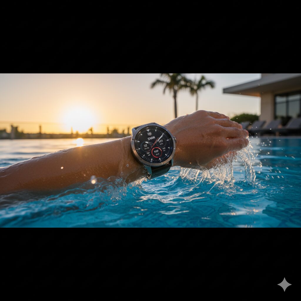 プールサイドでタグホイヤー コネクテッド E4を着用している人物が、水泳のトラッキングモードを使用している。
