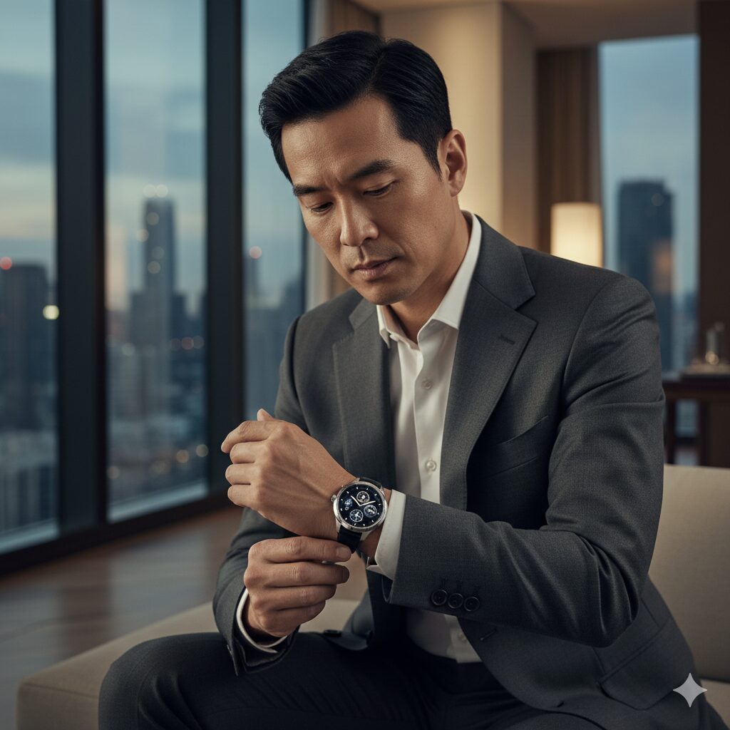 スタイリッシュな空間で、スーツを着た男性がタグホイヤー コネクテッド E4のスマートウォッチを腕につけている。