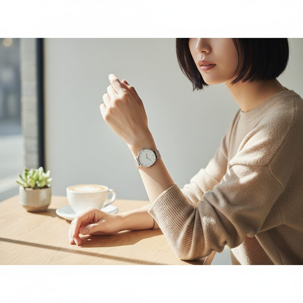 代替テキスト(alt): . カフェのテーブルで、薄型でミニマルな北欧デザインの腕時計（スカーゲンなど）をつけている日本人女性の手元。
画像3