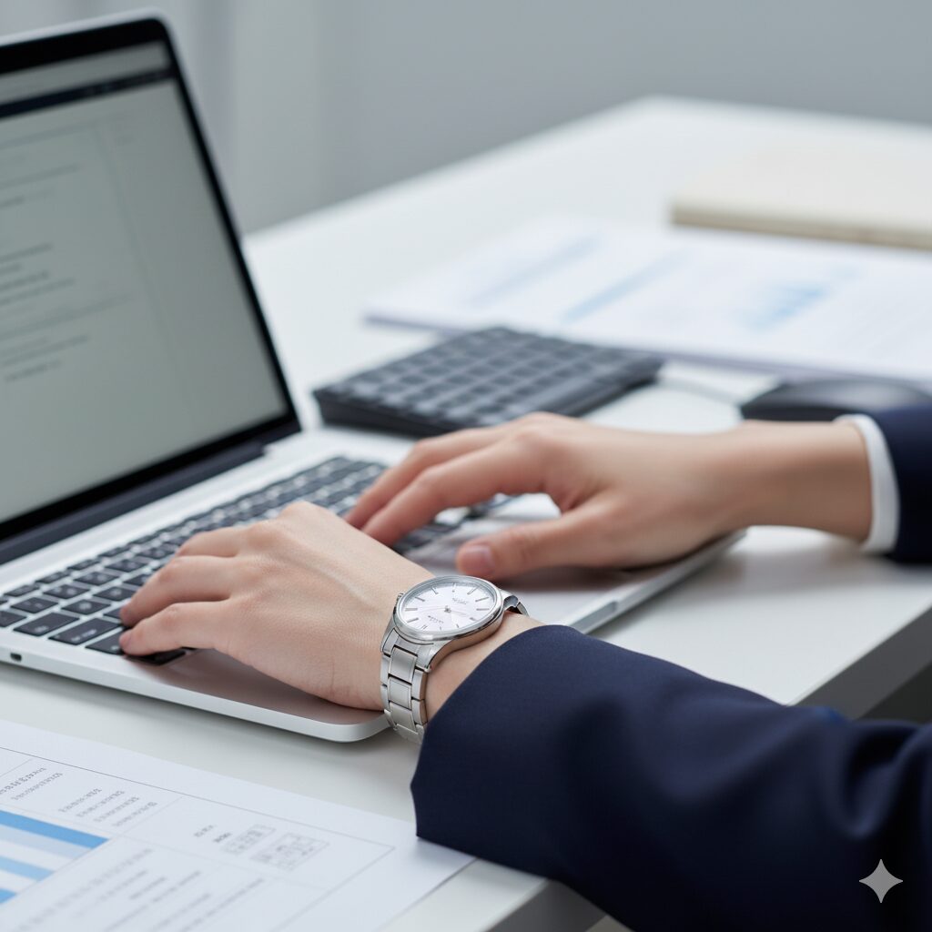 オフィスでノートパソコンを操作する、上品な国産ソーラー電波腕時計（ルキアやクロスシーなど）をつけた日本人女性の手元。