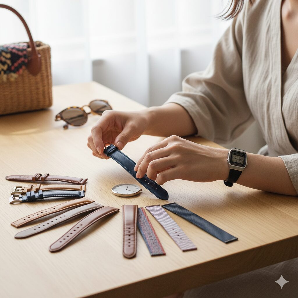 テーブルに並べられた交換可能な時計ベルトの中から、その日の気分に合わせて選んでいる日本人女性の手。