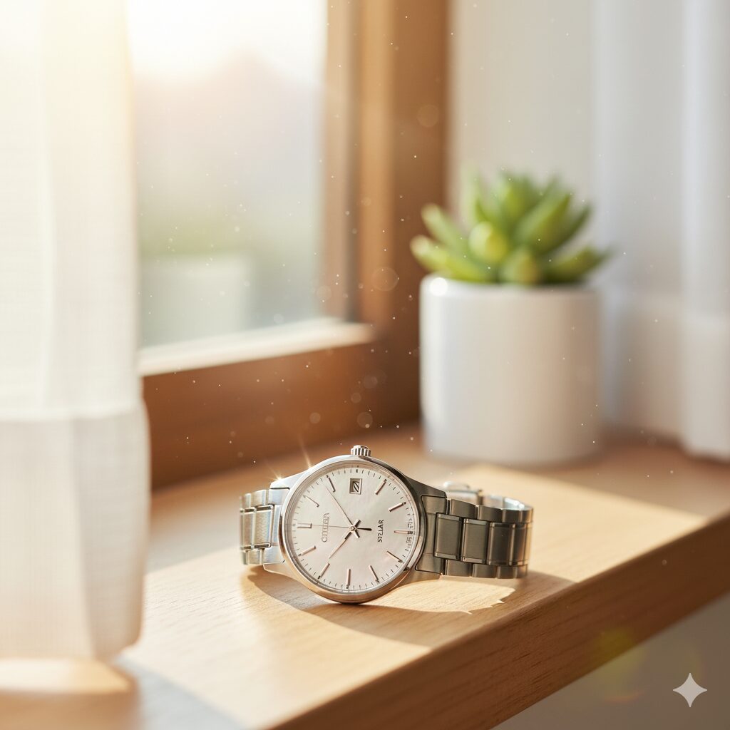 窓辺に置かれ、文字盤に柔らかな太陽光を浴びて充電中のレディースソーラー腕時計（エコドライブなど）。