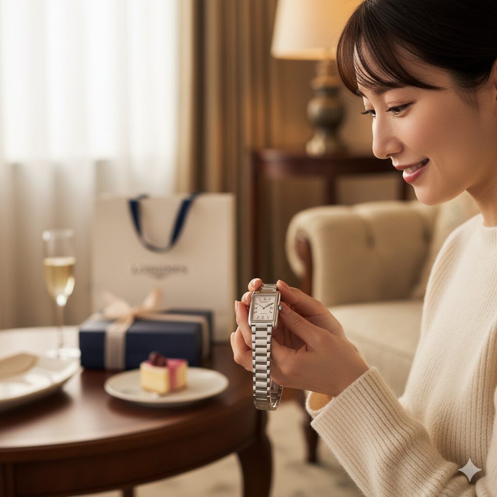 分へのご褒美として、ロンジンのような上品なスクエアケースの高級腕時計を嬉しそうに眺める日本人女性。