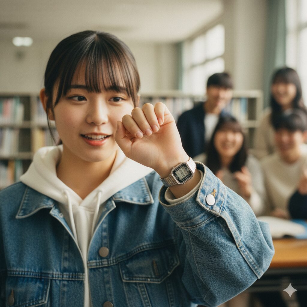 カジュアルな服装で、レトロなデザインの安価な腕時計（チープカシオなど）を見る日本人女子高校生の手元。