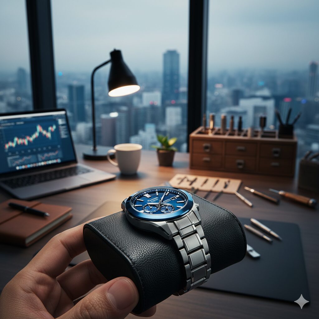 光を反射して鮮やかに輝くオシアナスブルーのベゼルのマクロ写真。角度によって表情が変わる美しい青色を捉えている。
画像7