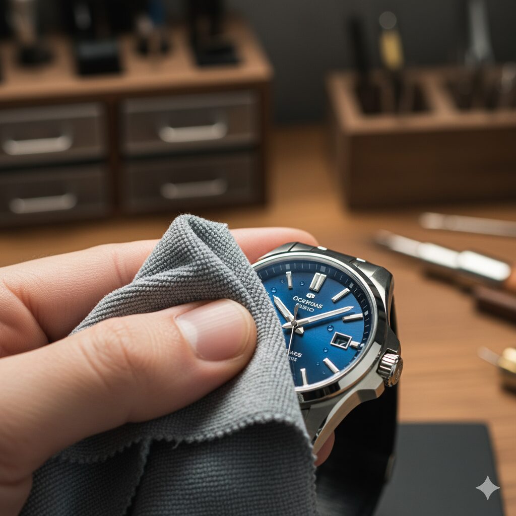 柔らかいマイクロファイバークロスでカシオオシアナスの腕時計を丁寧に拭き上げる手元。時計のメンテナンス風景。