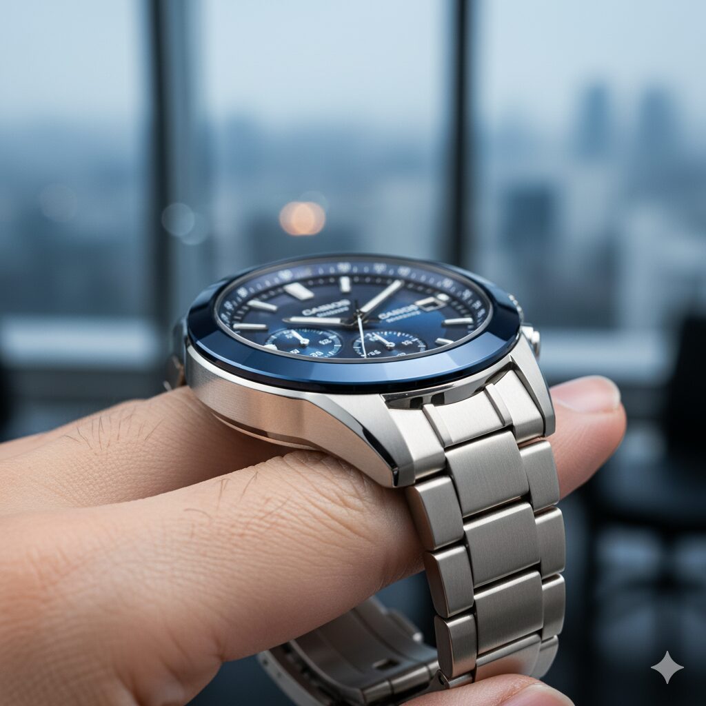 カシオオシアナス マンタの薄さを強調する側面からのクローズアップ写真。チタンケースの流麗なデザインが手首にフィットしている。