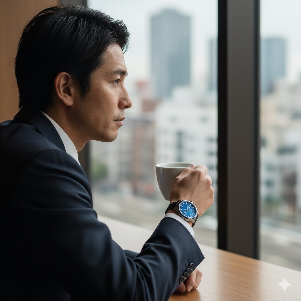 カシオオシアナスを着用した30代から40代の日本人男性。落ち着いた雰囲気でカフェの窓の外を眺めている。