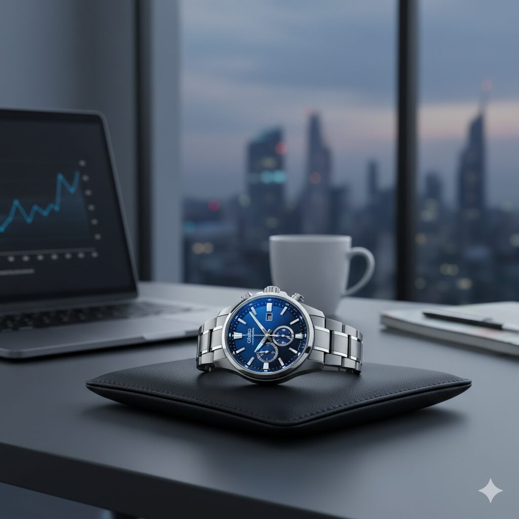 モダンなオフィスのデスクに置かれたカシオオシアナスの腕時計。ブランドの象徴であるブルーの文字盤が静かに光る。