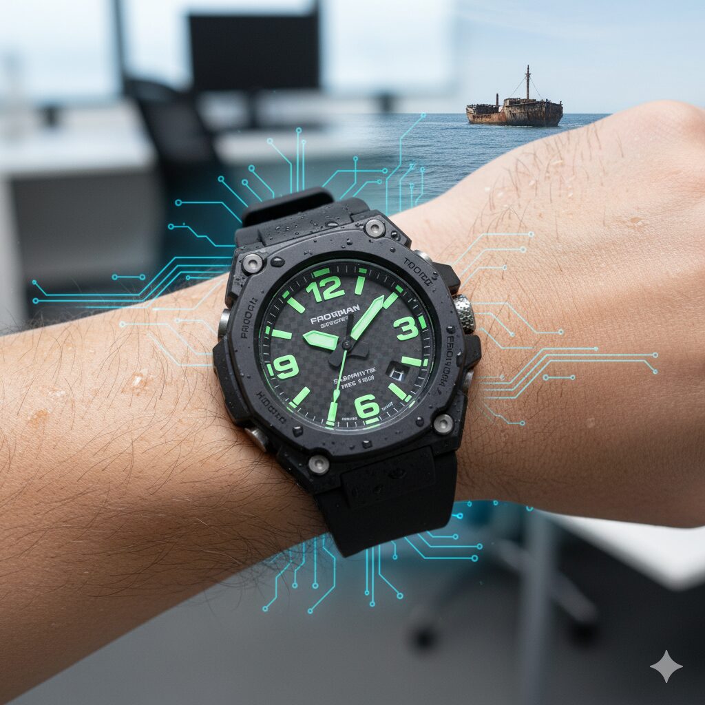 G-SHOCK FROGMAN GWF-A1000の黒いアナログモデル。左右非対称のデザインと大きな針が特徴的な、プロフェッショナル向けダイバーズウォッチのクローズアップ画像。