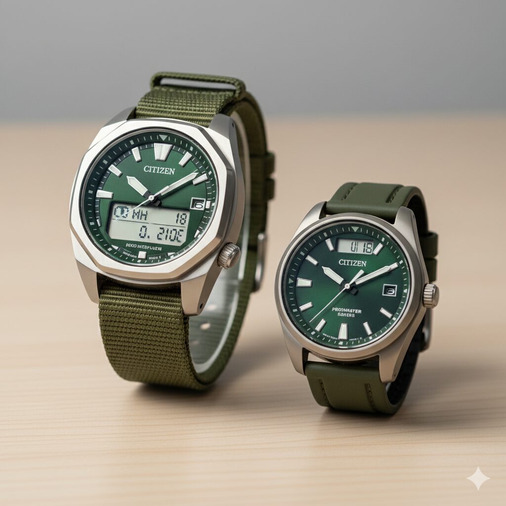 大型のシチズン U822（左）と、小型のシチズン PMD56-2952（右）を並べ、ケースサイズとデザインの違いを明確に比較した画像。