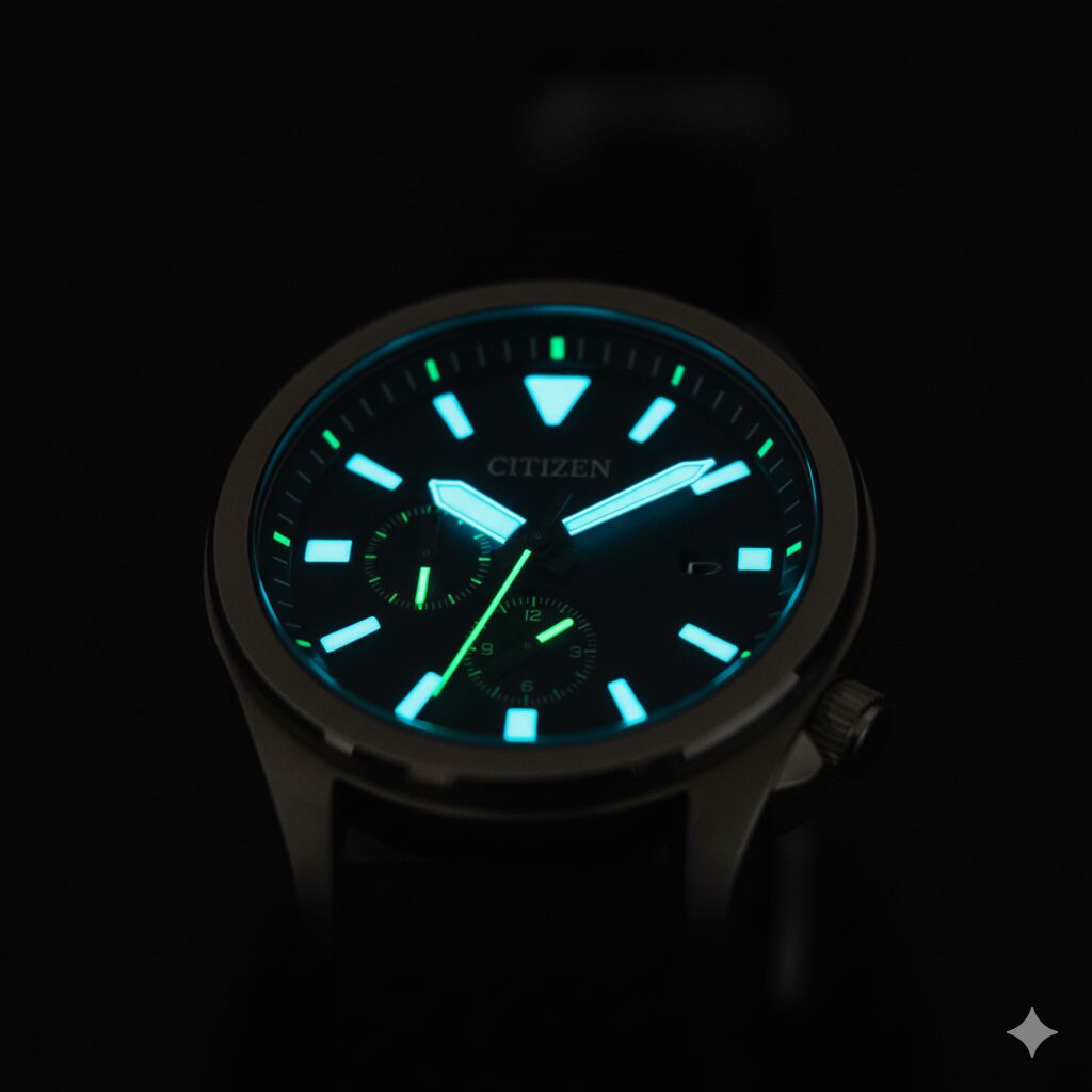 暗闇の中で、シチズン プロマスター U822の針とインデックスが青と緑の強力な夜光で明るく光っている様子。